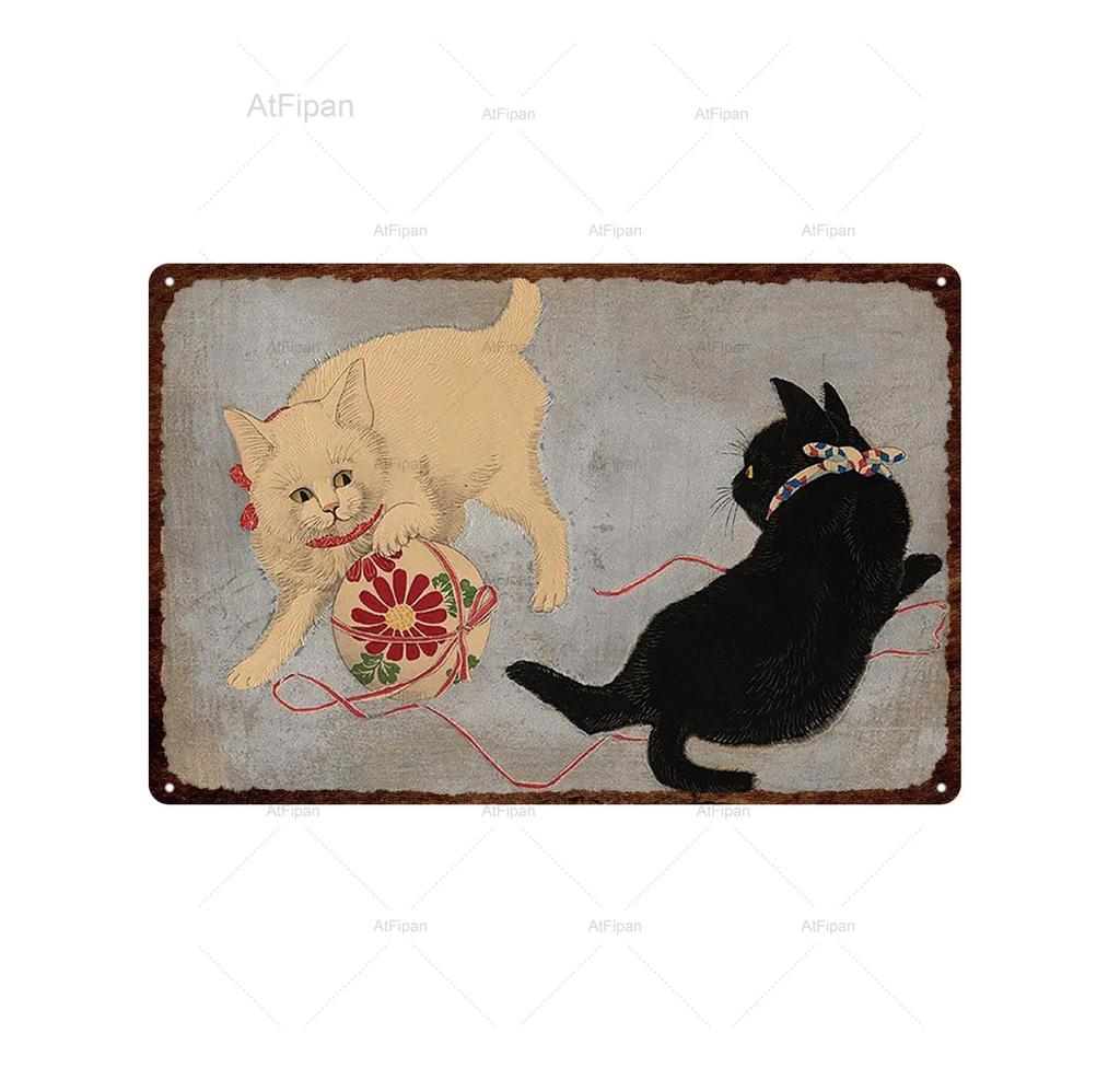 Vintage Japanese Samurai Cat Tin Sign  Retro Metal Wall Art for Home Decor  xCM  Unique Animal Tattoo Design