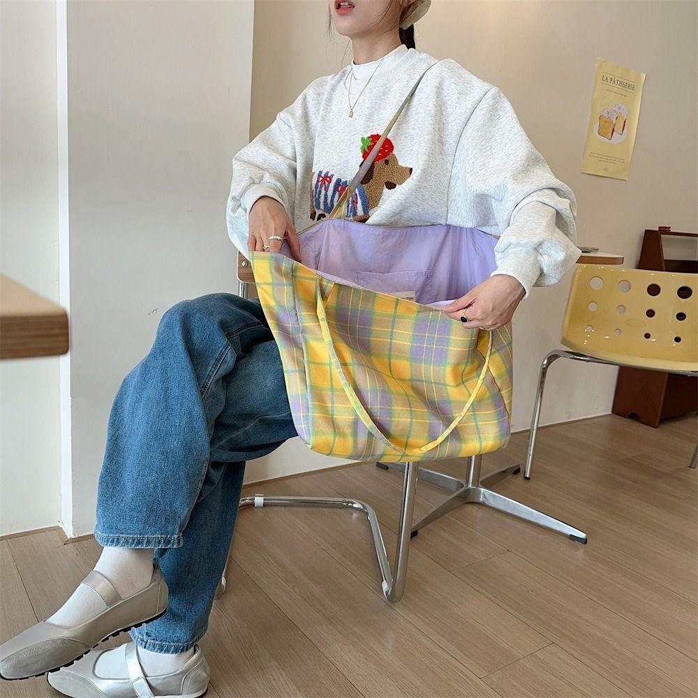 Double-sided Plaid Shoulder Bag Korean Style Women Handbag Vintage Canvas Tote Bag  Girls