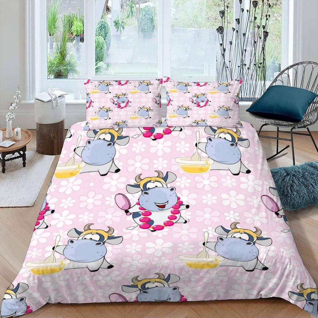 Cute Cows Duvet Cover Set Kawaii Farm Animal Bedding Set Microfiber Floral Comforter Cover Twin King For Kids Boys Girls Decor