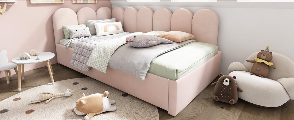 Divano letto imbottito 90x200cm, Divano letto con letto estraibile 90x190cm, Letto per bambini con rete a doghe, Velluto, Rosa, senza materasso