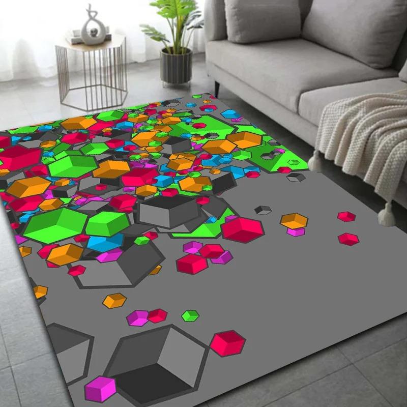 3D Block Bereichsteppich Große Größe Teppich Rutschfest Kinder Spiel Fußmatte Bodenmatte für Wohnzimmer Schlafzimmer Küche Heimdekoration