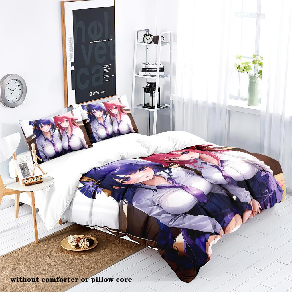 3dílný kreslený anime dívčí vzor tištěný péřový povlak na přikrývku (1dílná sada+2 povlaky na polštáře, bez výplně) ložní souprava