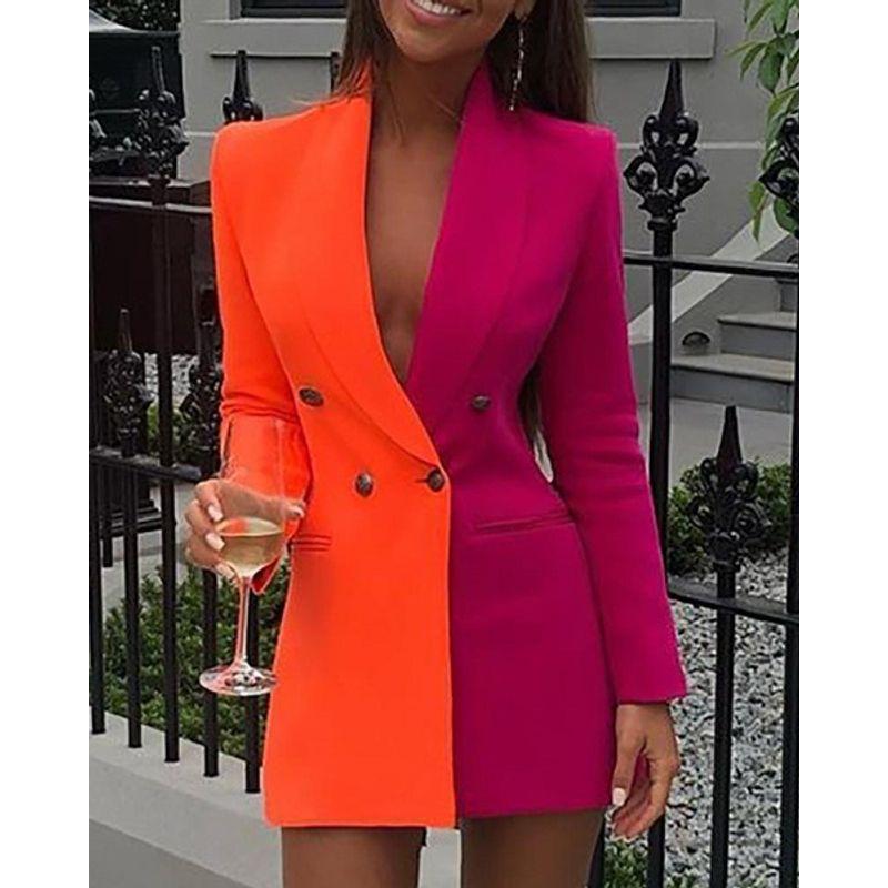 

Collar Long Sleeved Hip Hugging Dress Women Lapel Button Long Sleeves Dress Orange + Red M