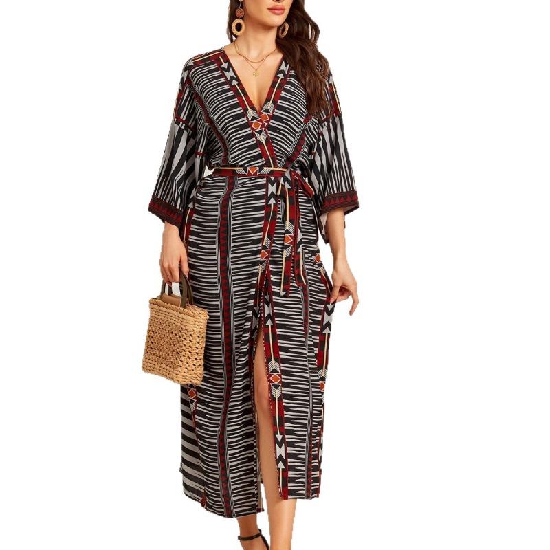 Cotton geometric print cardigan kimono beach sunscreen shirt bikini blouse with 1D135