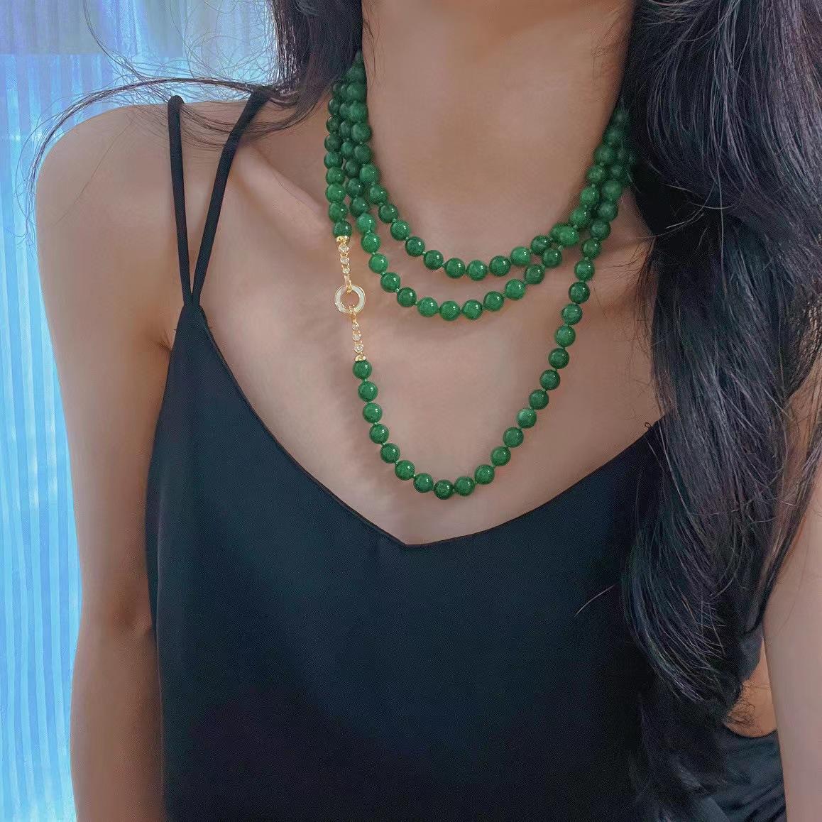Retro Spinach Green Extended Quartzite Sweater Chain Female, Original Handmade, Simulated Dry Green Necklace