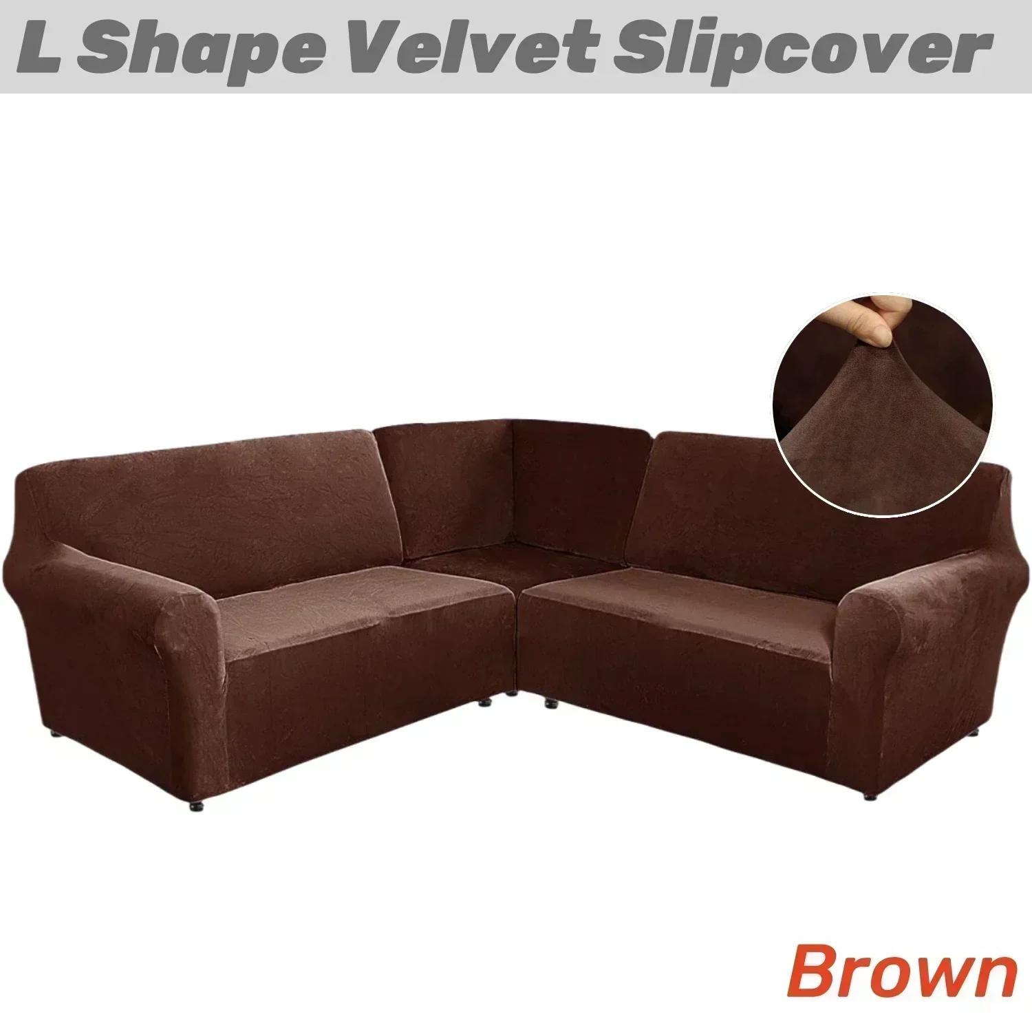 Fluweel 3 Delen L-vormige Bankhoezen Modulaire Bank Hoekbankhoes Pluche Stretch 5-zits Hoekbank Beschermhoes Bankbeschermer 5 Seater Sofa Cover