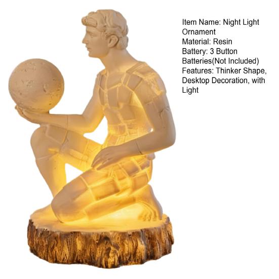 Artistic Thinker Figurine with Night Light Thinking Man Sculpture Resin Statue Decorative Lamp Home Office Desktop Ornament