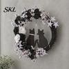 Black Cat Wreath with Lights Halloween Floral Garland, String Lights, Silhouette Romantic Decor Wreath, for Front Door Indoor Outdoor Wall Spooky And
