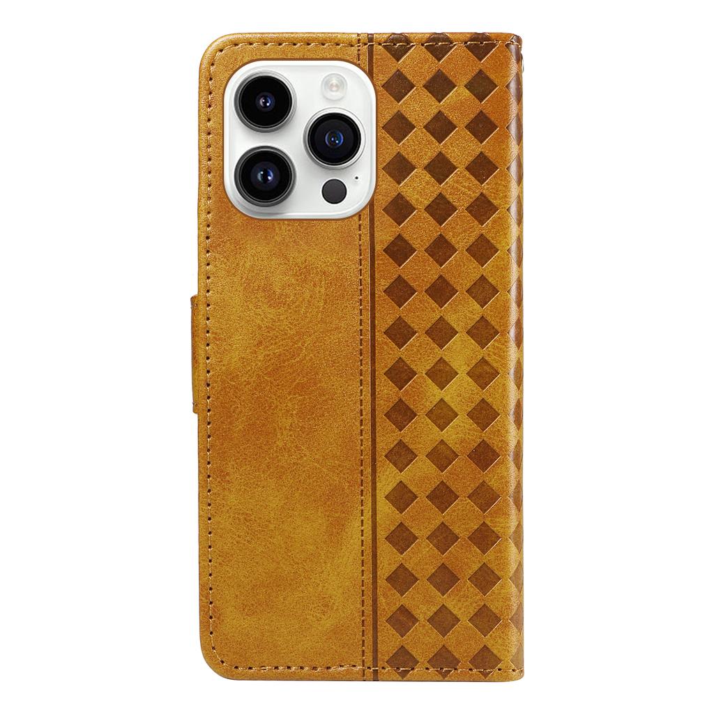 For iPhone 14 Pro Max Leather Case Wallet Stand Grids Imprinted Phone Cover with Strap