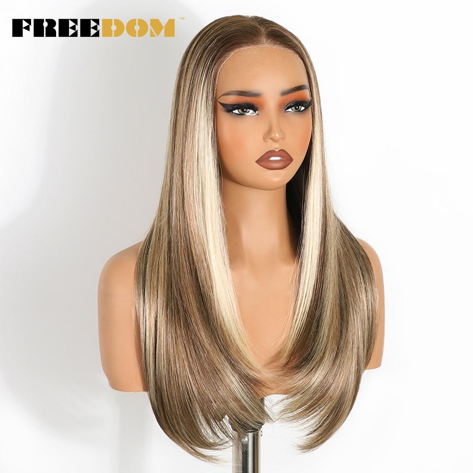 FREEDOM Synthetic Lace Front Wigs For Women 9x6 Pre Plucked Straight Layerd Wig 24" Ombre Blonde Pre Cut Wear And Go Lace Wigs