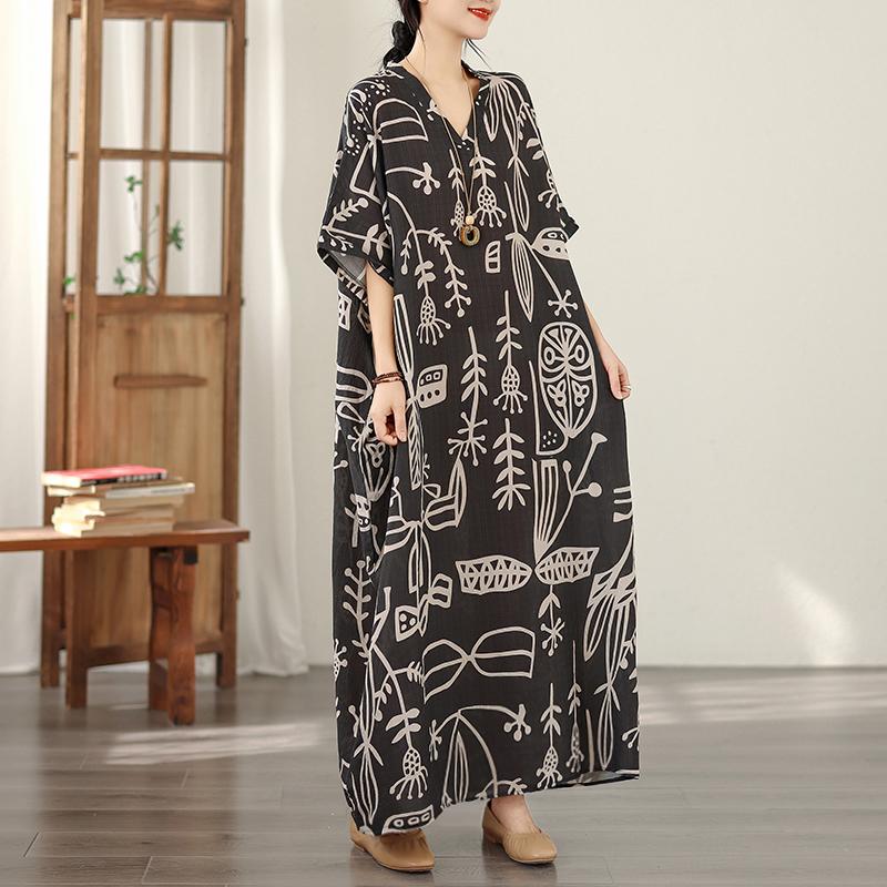 DIMANAF New 2026 Women Plus Size Spring Summer Beach Dress Vintage Floral Print Black Long Dress Loose Oversize Maxi