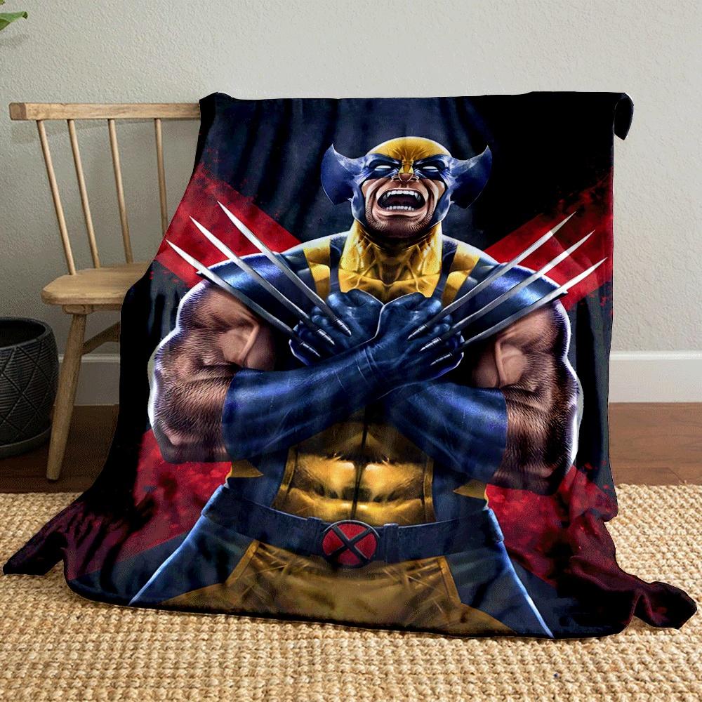 Crossed claws, muscular figure in yellow and blue suit with red X symbol. for all seasons blanket lunch break throw gift