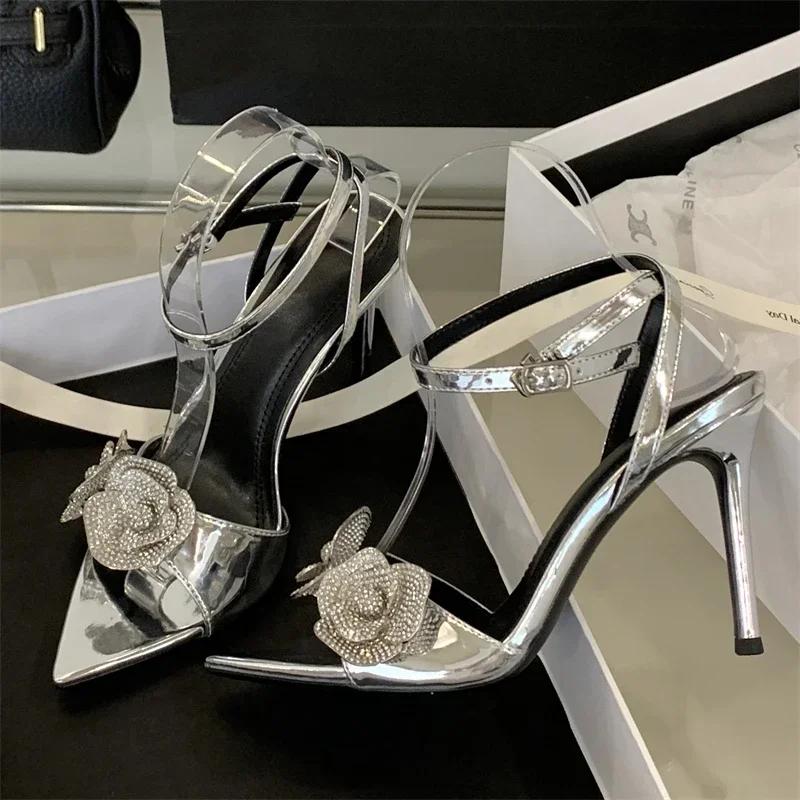 Fashion Sexy Gold Crystal Flower Heeled Sandals Women Fashion Pointed Toe Ankle Buckle Heels Summer Elegant Party Shoes Zapatos De Mujer