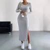 Fall Winter Women's Long Sleeve Crew Neck Slit Maxi Knit Dress, In Stock For Crossborder European American Size, Casual Long Dress For Women