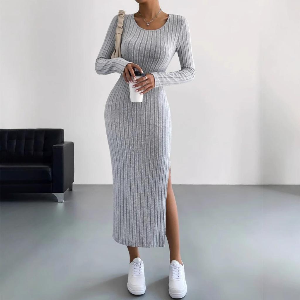 Fall Winter Women's Long Sleeve Crew Neck Slit Maxi Knit Dress, In Stock For Crossborder European American Size, Casual Long Dress For Women