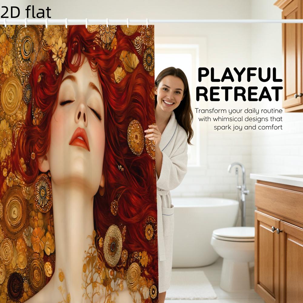 Waterproof Luxury Shower Curtain Red Hair Portrait Gold Abstract Bohemian Art Print Bathroom Decor Shower Liner for Modern Bathr