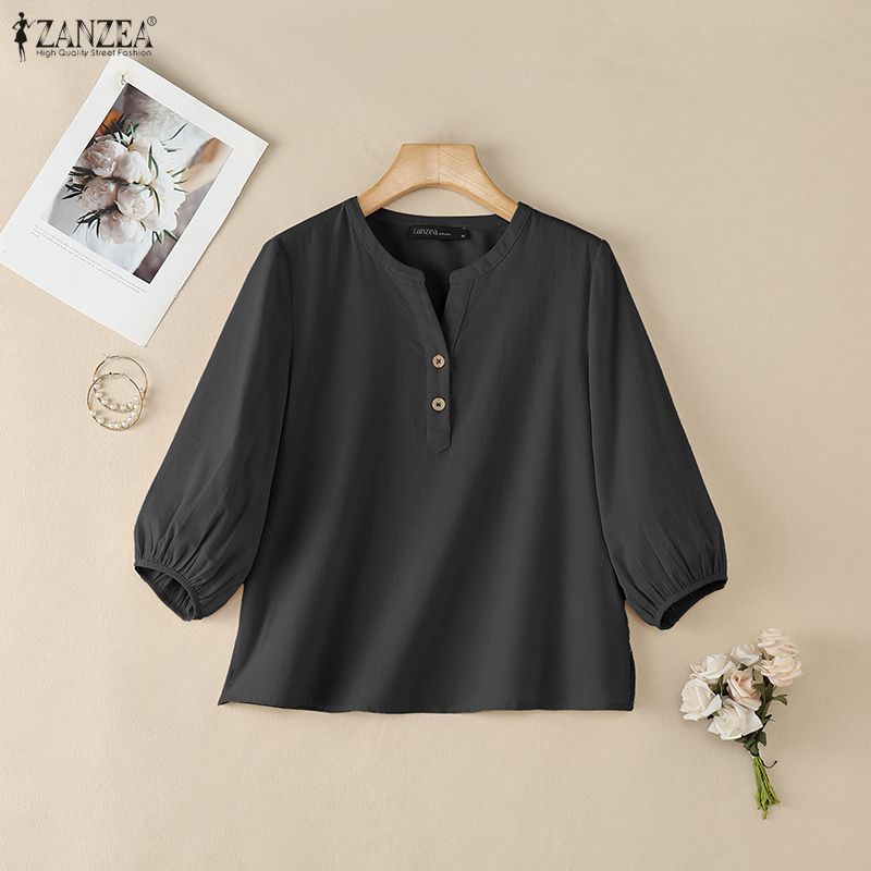 ZANZEA Women Casual V-Neck Solid Color 3/4 Sleeve Blouse