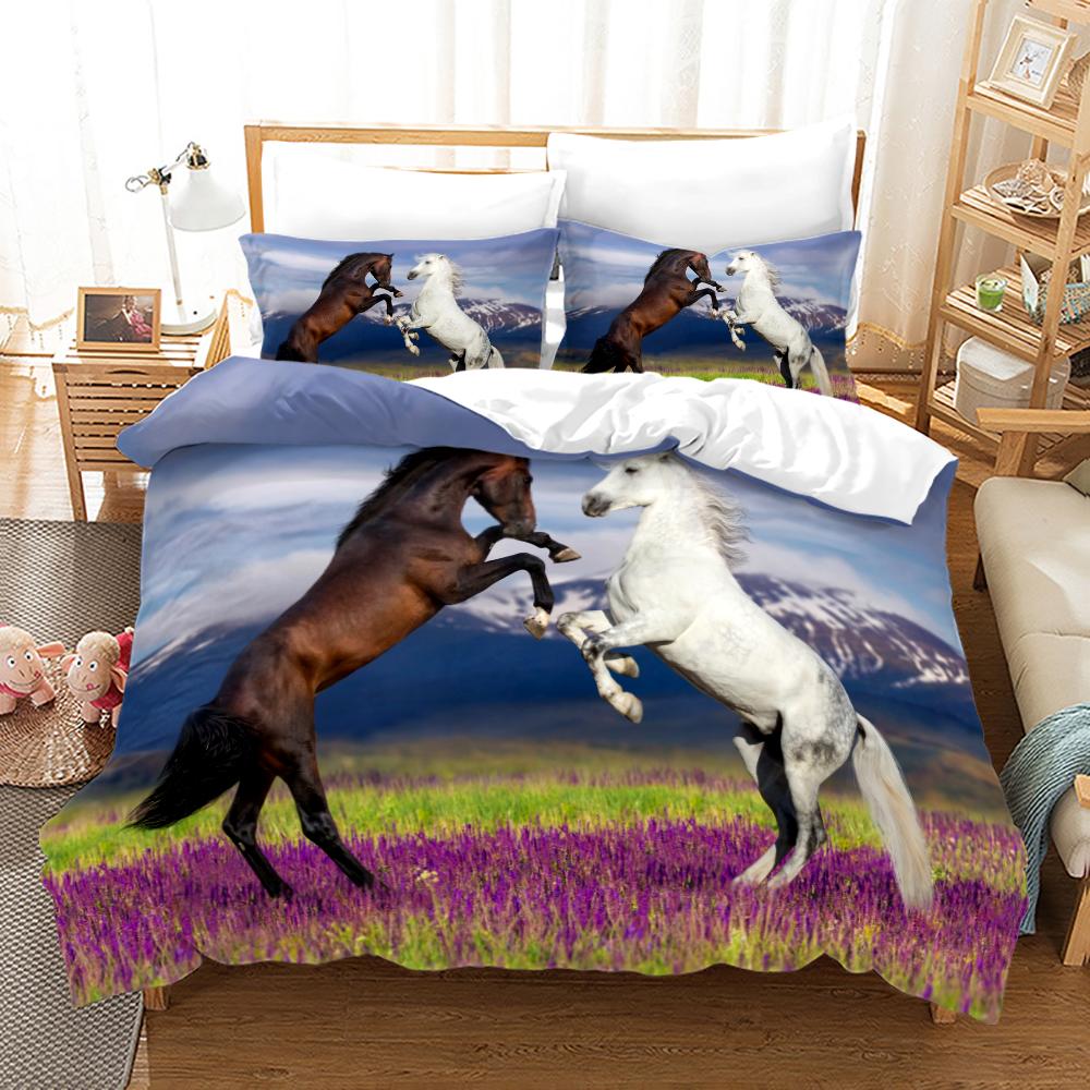 Luxury Black Horse Bedding Set Animal Microfiber Bed Linen Double Queen King Twin Size Gift Adults Men Duvet Cover Bedroom Decor