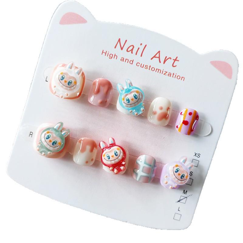 Labubu Kids' Wearable Nail Stickers - Handmade Manicure for Ages 3-12
