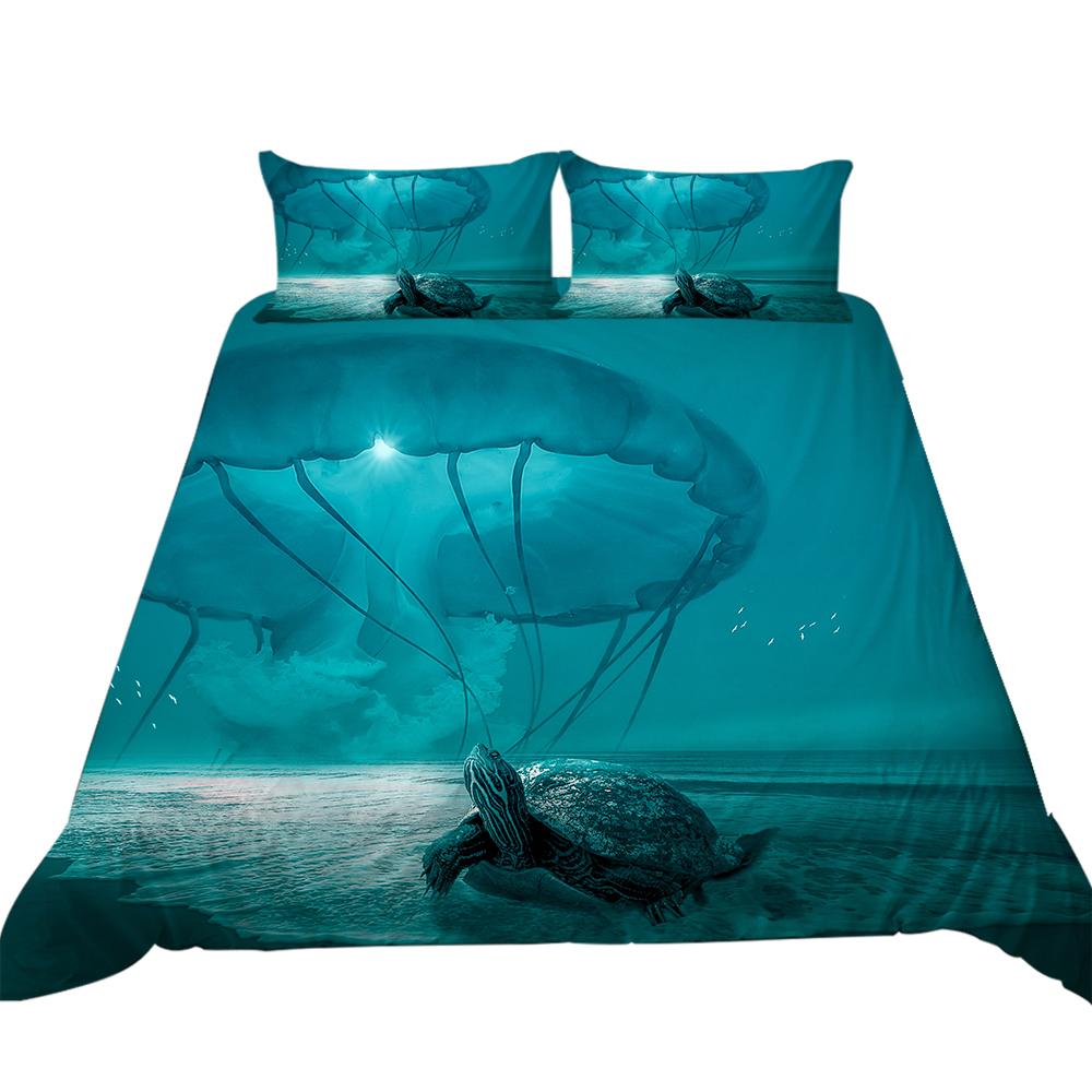 3D Ocean Animal Theme Series Bedding Set with Animal Prints Such As Jellyfish and Dolphins 2/3 Pieces, Washable Home Decoration