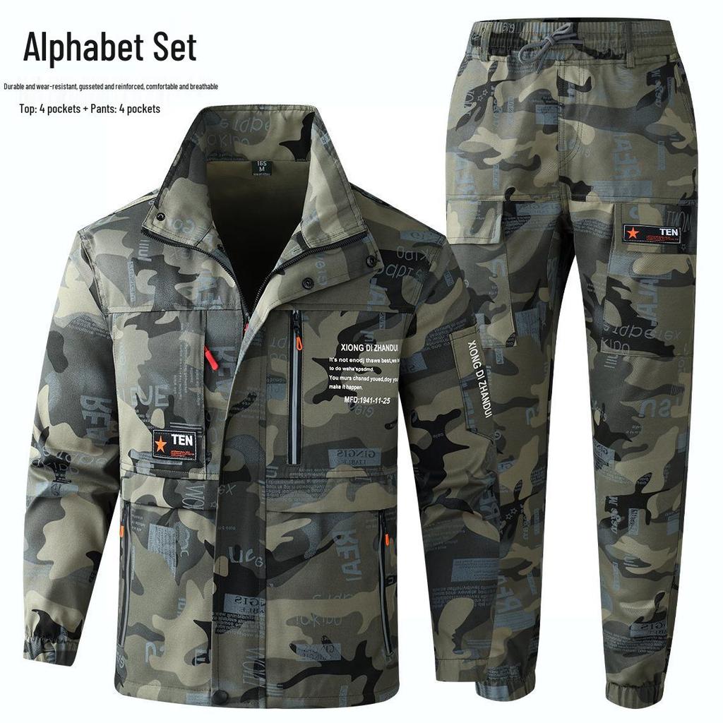 Men's Camouflage Workwear Set, Wear-Resistant Polyester-Cotton with Reflective Strips, Thickened for Spring & Autumn Outdoor Use