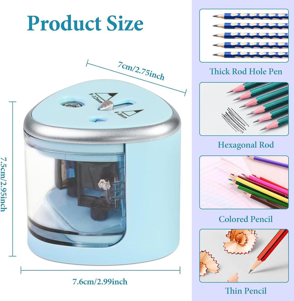 Electric Pencil Sharpener with Double Hole, Battery Operated Automatic Sharpener with 2 Extra Knife Holders, for 6-8mm/9-12mm