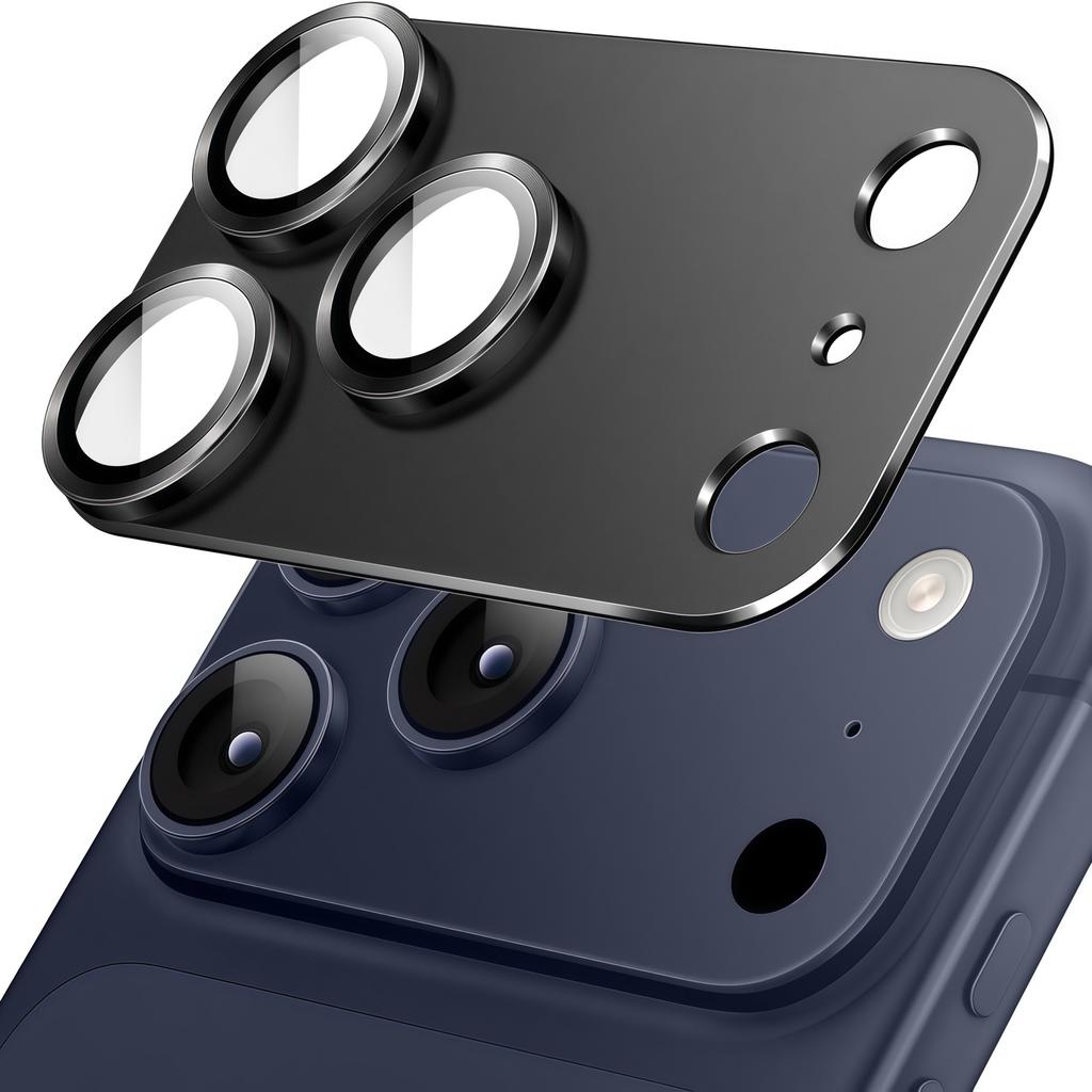 For iPhone 17 Pro Mobile Phone Camera Lens Protector - [Strong Adhesion] Metal Aluminum Alloy Tempered Glass , Black Titanium