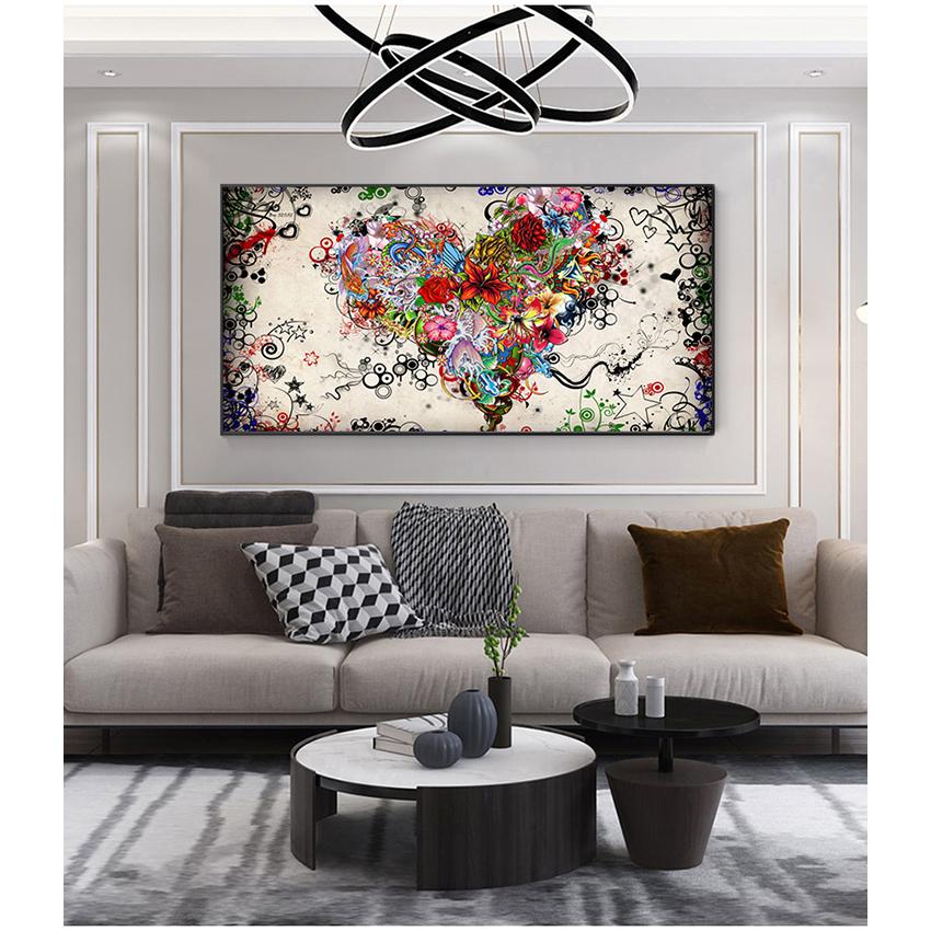 Living Room Decoration Pictures For Home Cuadros Abstract Oil Painting On Canvas Colorful Heart Flowers Poster Wall Art For