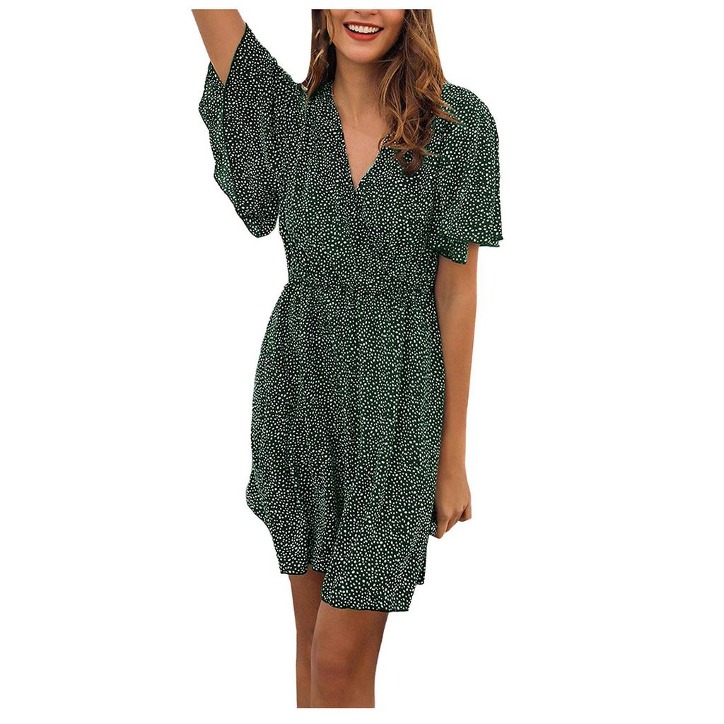 Women's Summer 2022 Ruffle Short Sleeve V Neck Print A Line Mini Dress