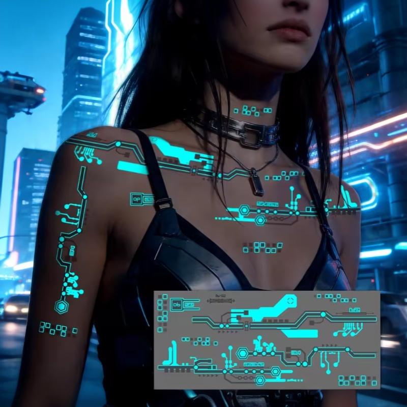 1 Arkusz Kosmiczny Robot Linia Wodoodporne Naklejki Duże Świecące w Ciemności Techno-Punk Mechaniczne Tymczasowe Tatuaże Na Cosplay Imprezę