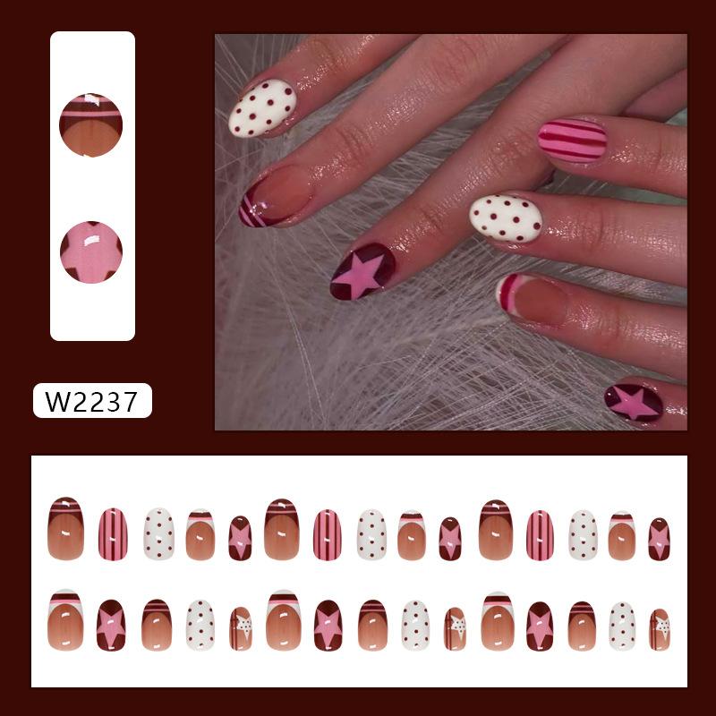 24 Pieces Red and Brown Cheese Polka Dots Striped French Stars Style Removable Nail Art 30 Pieces Press On Nails