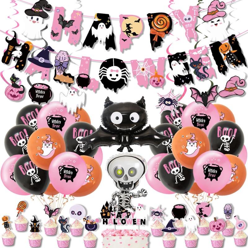 Pink Halloween Party Decorative Skull Balloon Pumpkin Banner Cake Insert Set