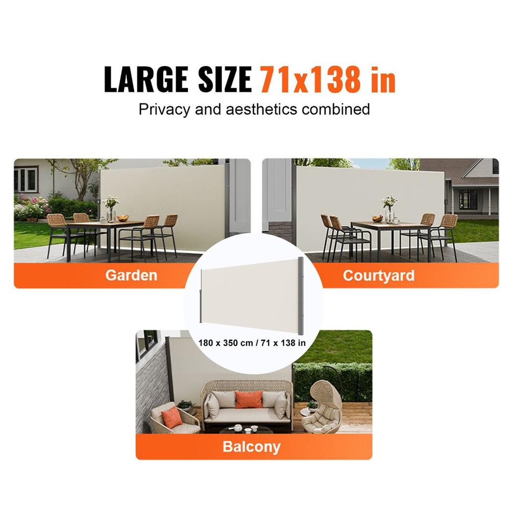Retractable Side Awning, 71''x 138'' Outdoor Privacy Screen, 180g Polyester Water-proof Retractable Patio Screen, UV 30+ Room Divider Wind Screen for