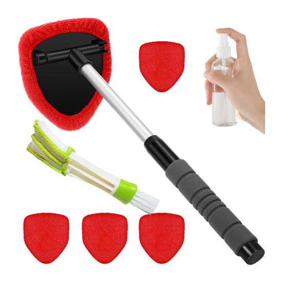 Car Cleaning Brush with Reusable Pads Extendable Handle Sprayer Brush Windshield Cleaning Tool for Car Interior Exterior Glass Cleaning