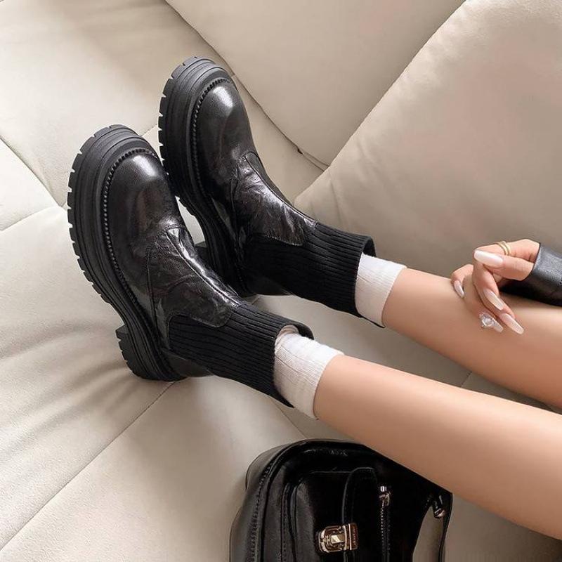 Versatile Thick-soled Sleeve Knight Boots Women's Medium Heel Round Head Solid Color Cowhide Low Boots Autumn and Winter Genuine Leather Large Size Wo