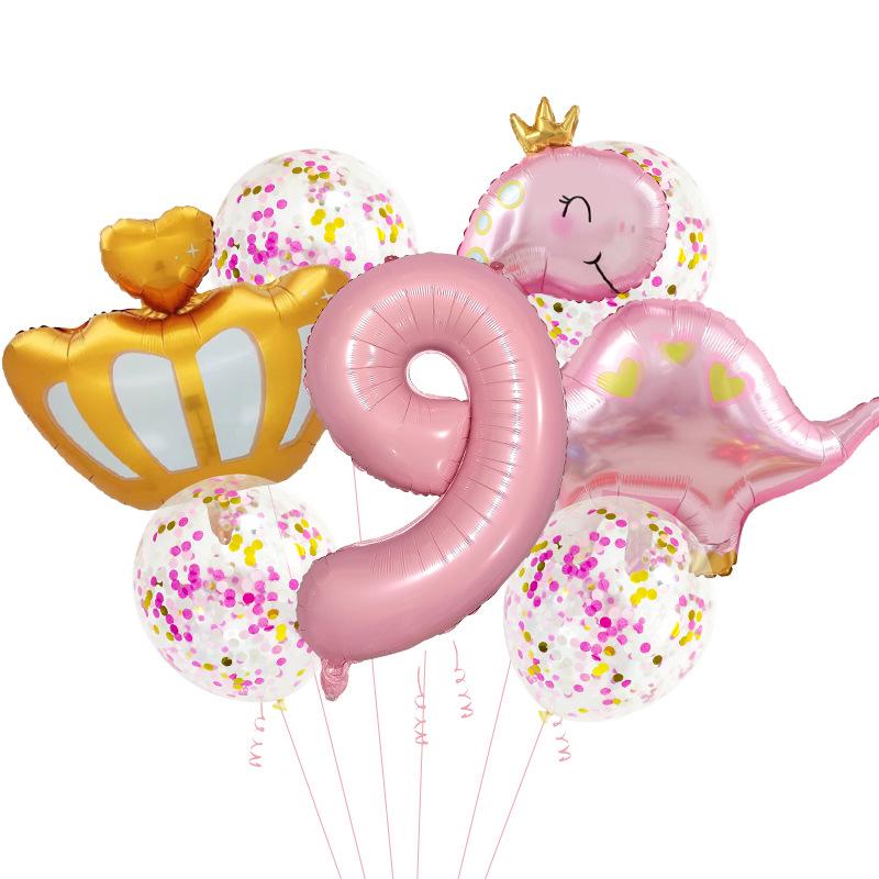 

Розовый динозавр с короной Набор воздушных шаров из алюминиевой пленки Украшение сцены для вечеринки в честь первого дня рождения девочки Pink Dinosaur Aluminum Film Balloon Set 9