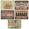 Merrytime 5-Piece Tin Sign Set, American Garage, Retro Car, Classic Car, Garage, Vintage Sign Plate, Masculine Space, West Coast Style, Cafe Style,