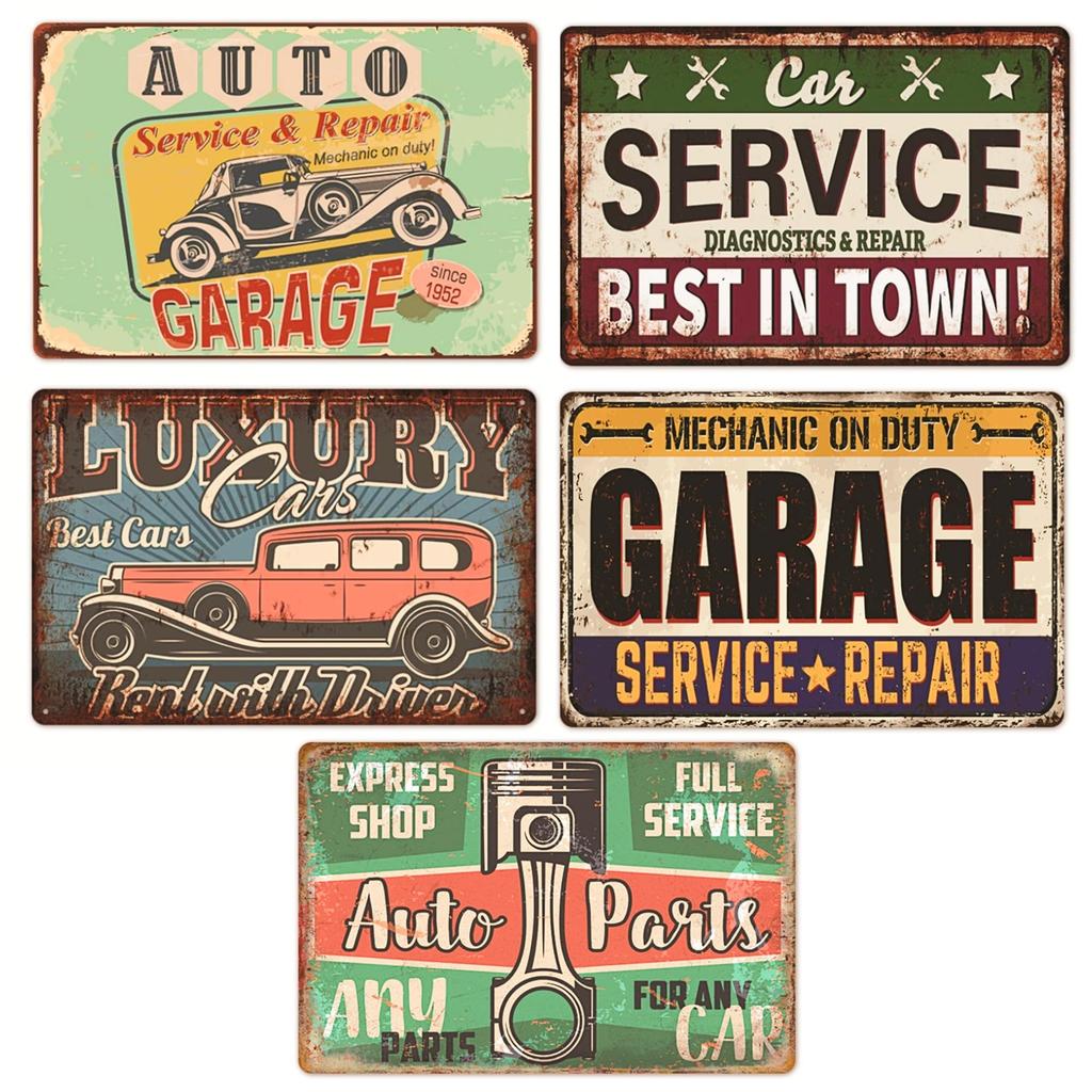 Merrytime 5-Piece Tin Sign Set, American Garage, Retro Car, Classic Car, Garage, Vintage Sign Plate, Masculine Space, West Coast Style, Cafe Style,