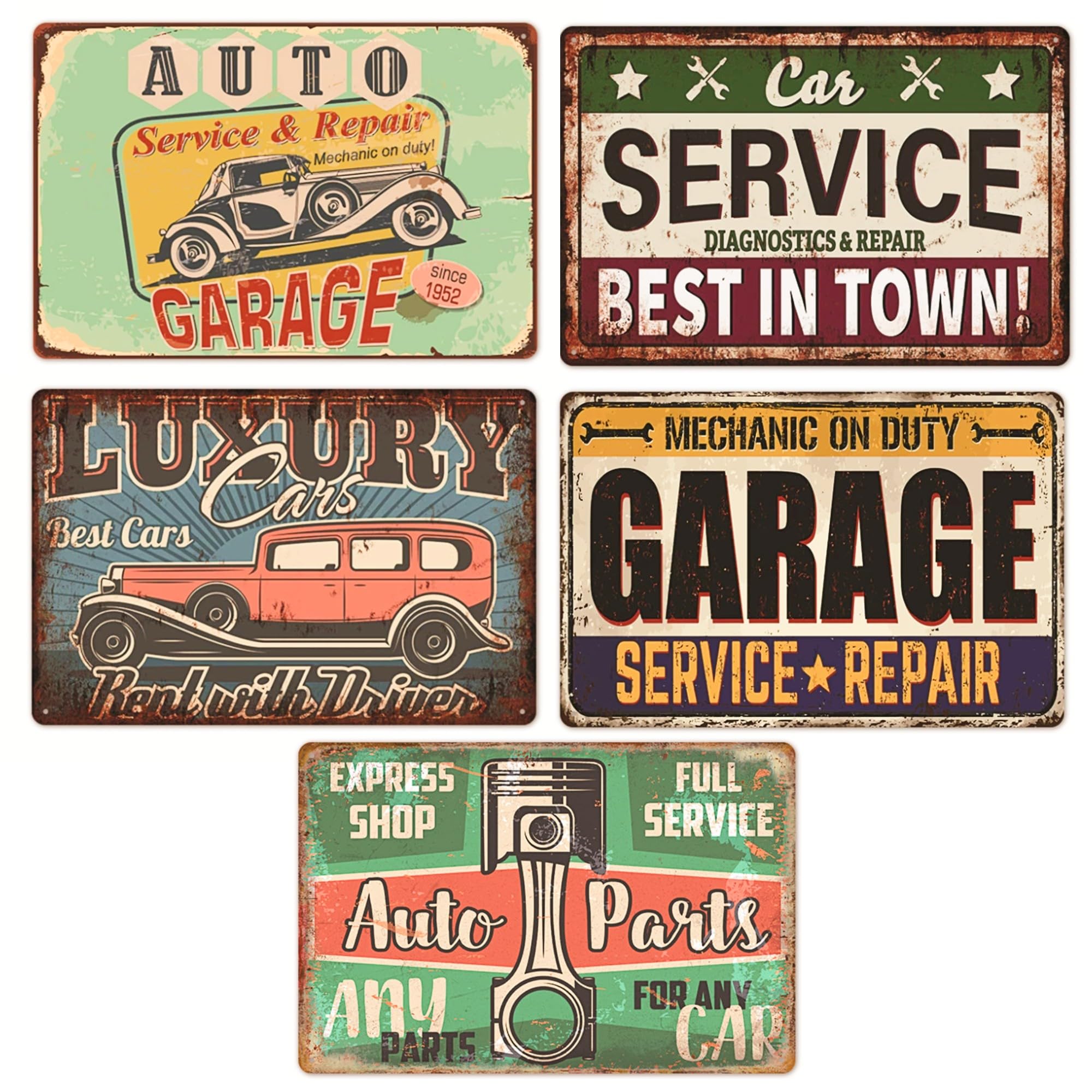

Merrytime 5-Piece Tin Sign Set, American Garage, Retro Car, Classic Car, Garage, Vintage Sign Plate, Masculine Space, West Coast Style, Cafe Style,