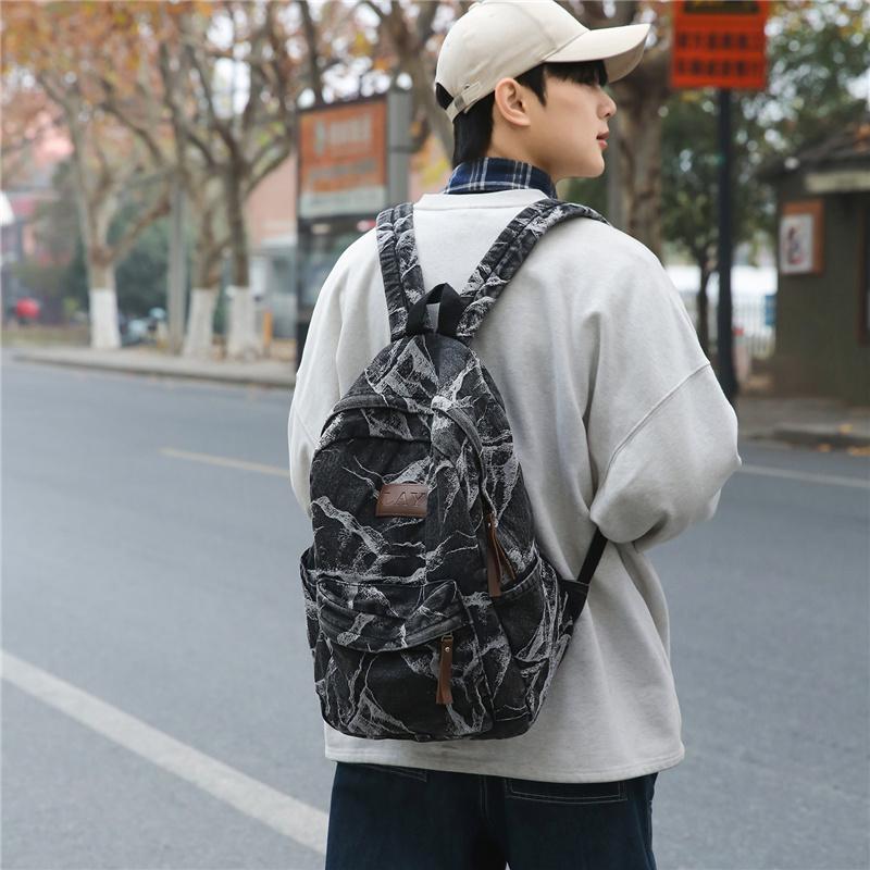 Denim Camouflage Backpack Casual Style Unisex School Bag Fashionable Travel Rucksack