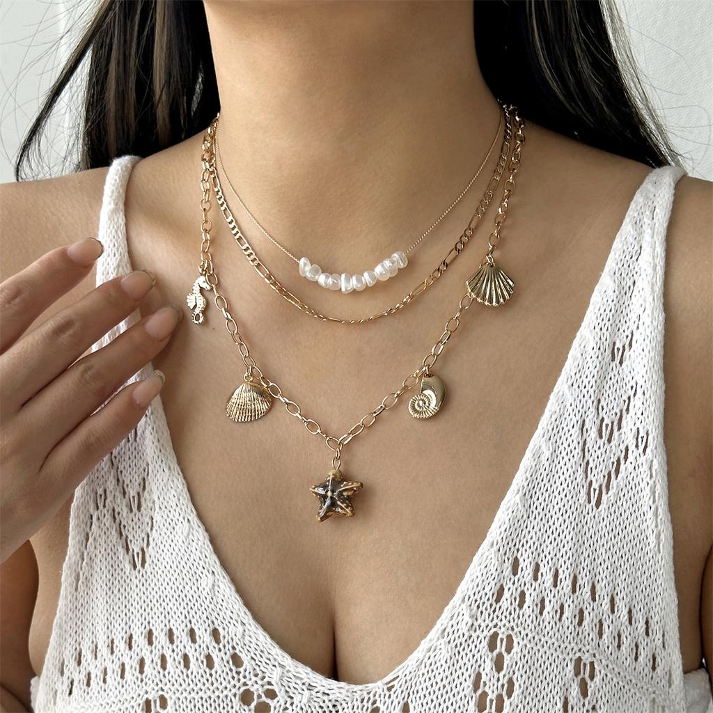 3pcs Ceramic Starfish Pendant Necklace for Women Metal Shell Conch Multi-Layered Clavicle Chain Summer Vacation Travel Jewelry
