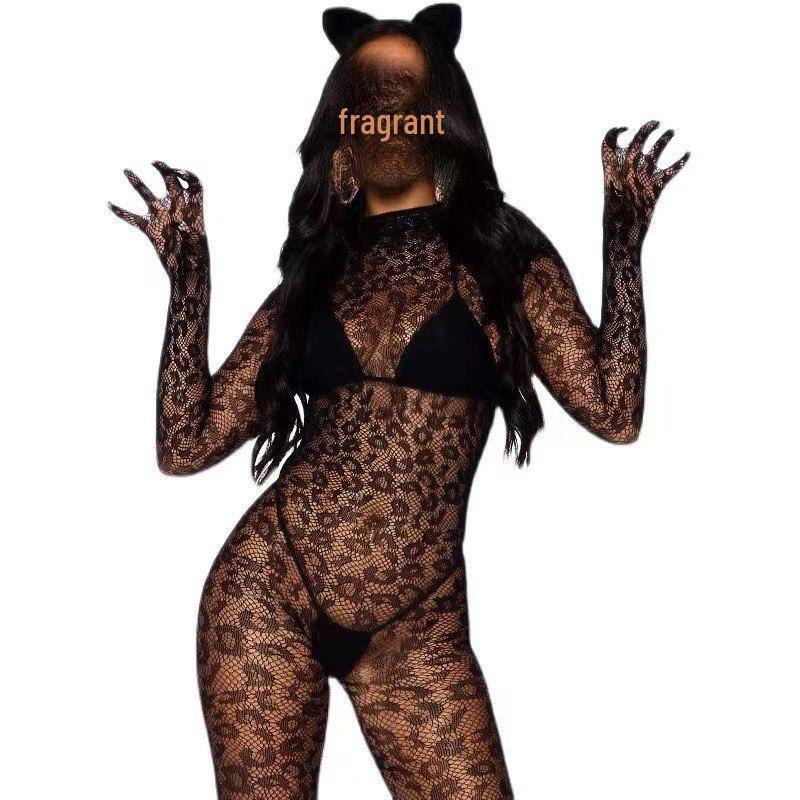 Leopard Print Mesh One-Piece Bodystocking with Gloves