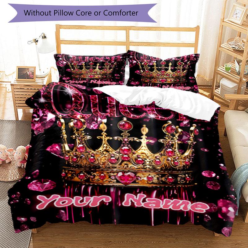 3PC Custom Name Royal Crown Glitter Bedding Set Printed Bedding Set Duvet Cover Closure Includes 1 Duvet Cover & 2 Pillowcases for All Seasons Bedroom