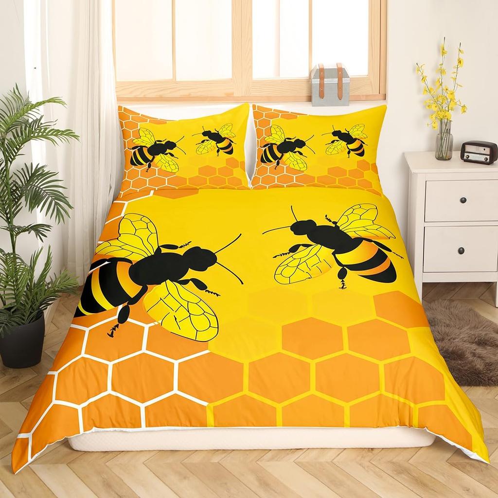 Cute Cartoon Bee Duvet Cover Honeycomb Bedding Set for Kids Boys Girls Honeycomb Hexagon Comforter Cover Wild Animal Quilt Cover