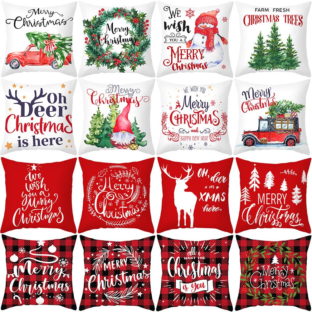 Plaid Christmas Pillow Cover Letter Christmas Tree Sofa Cushion Cover Peach Skin Cushion Home