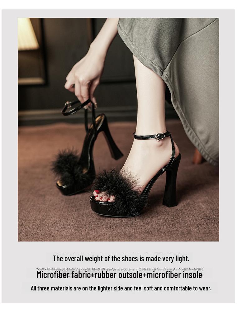 9696-1 Women's Fairy Style Temperament High Heel Sandals with Furry Strap and Thick Heel