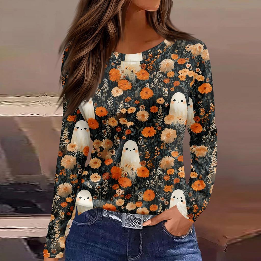Women's Fashion Hem Slit Casual Halloween Printed Round Neck Long Sleeve Top