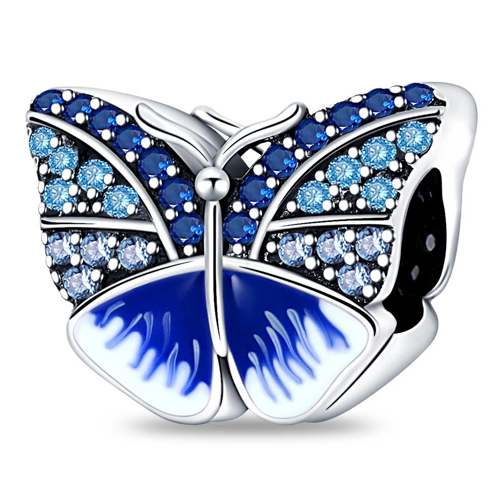 Pandora design copper plated silver zircon pink and blue butterfly flower pendant bead suitable for Pandora bracelet DIY