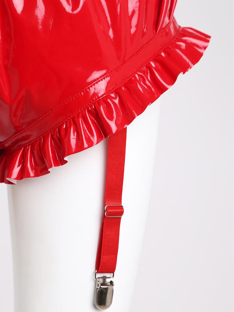 Women's Wet Look PU Leather Briefs S-3XL: Ruffled Trim Ruched Bloomer Shorts with Garter Clips Glossy Nightwear for Nightclub Rave Party