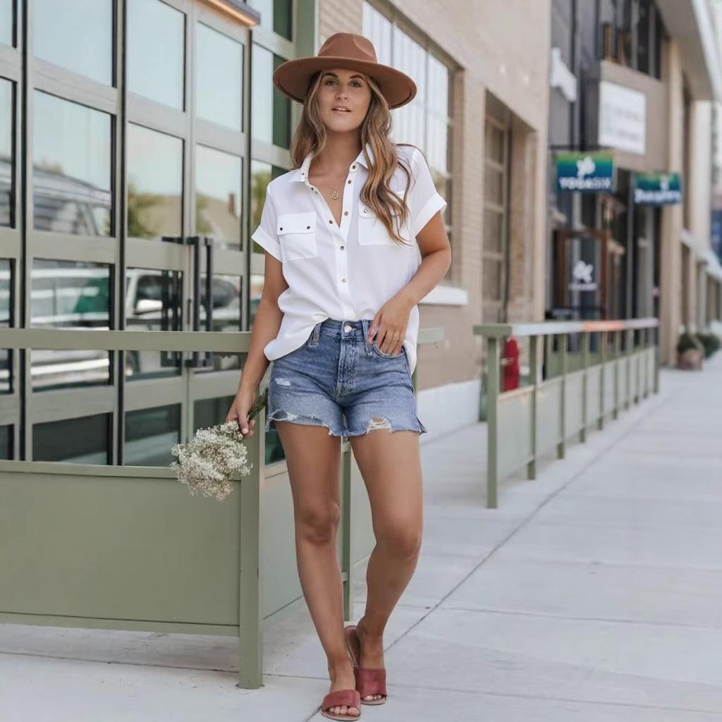 Chiffon Top Short Sleeved Button Up Women’s Blouses & Shirts